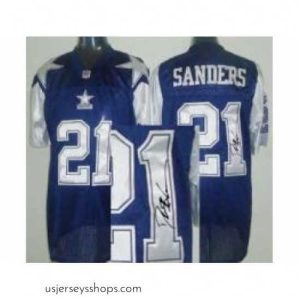 Exquisite Dallas Cowboys 21 Deion Sanders Blue 75TH Patch Throwback M&N Signed NFL Jerseys
