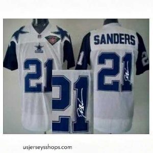 Sensational Dallas Cowboys 21 Deion Sanders White 75TH Patch Throwback M&N Signed NFL Jerseys