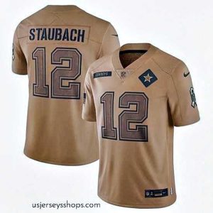 Sensational Dallas Cowboys 12 Roger Staubach 2023 Brown Salute To Service Limited Stitched Football Jersey
