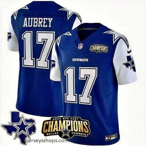 Stunning Dallas Cowboys 17 Brandon Aubrey Blue White 2023 F.U.S.E  NFC East Champions Patch Stitched Football Jersey