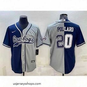 Alluring Dallas Cowboys 20 Tony Pollard Navy Grey Split With Patch Cool Base Stitched Baseball Jersey