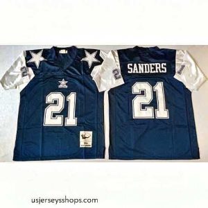 Sensational Dallas Cowboys 21 Deion Sanders Navy Thanksgiving M&N Throwback Jersey