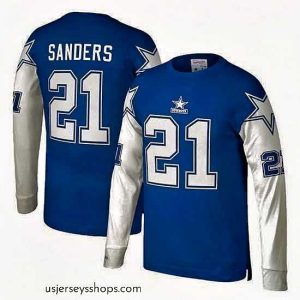Sensational Dallas Cowboys 21 Deion Sanders Royal Mitchell  26 Ness Throwback Long Sleeve Stitched Jersey