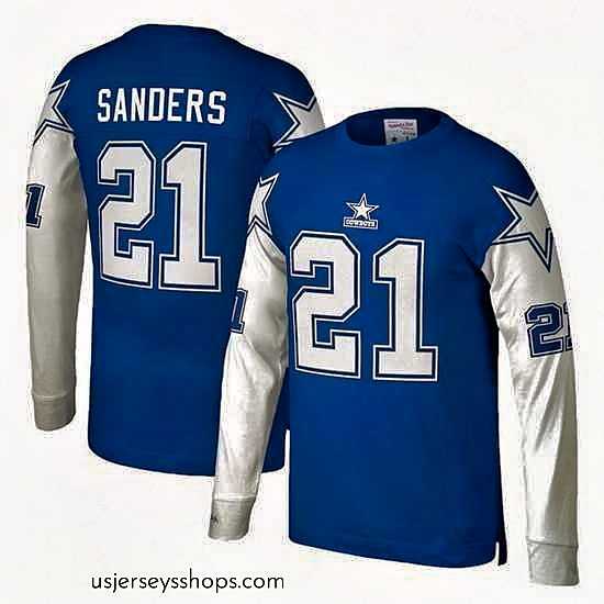 Sensational Dallas Cowboys 21 Deion Sanders Royal Mitchell 26 Ness Throwback Long Sleeve Stitched Jersey