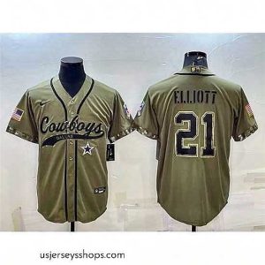 Glamorous Dallas Cowboys 21 Ezekiel Elliott 2022 Olive Salute To Service Cool Base Stitched Baseball Jersey