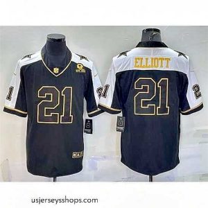 Stunning Dallas Cowboys 21 Ezekiel Elliott Black Gold Thanksgiving With Patch Stitched Jersey