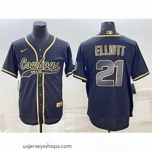 Magnificent Dallas Cowboys 21 Ezekiel Elliott Black Gold With Patch Cool Base Stitched Baseball Jersey