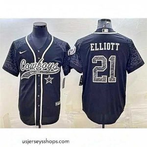 Stellar Dallas Cowboys 21 Ezekiel Elliott Black Reflective With Patch Cool Base Stitched Baseball Jersey