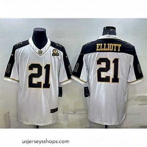 Stellar Dallas Cowboys 21 Ezekiel Elliott White Gold Edition With 1960 Patch Limited Stitched Football Jersey