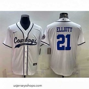 Stellar Dallas Cowboys 21 Ezekiel Elliott White With Patch Cool Base Stitched Baseball Jersey
