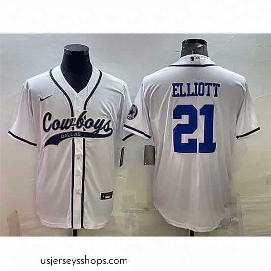 Stellar Dallas Cowboys 21 Ezekiel Elliott White With Patch Cool Base Stitched Baseball Jersey