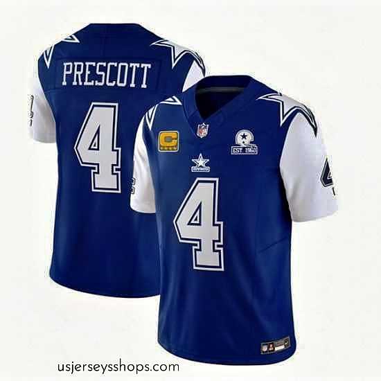 Stunning Dallas Cowboys 4 Dak Prescott 2023 F.U.S.E Navy With Established In 1960 Patch And 4 Star C Patch Stitched Football Jersey