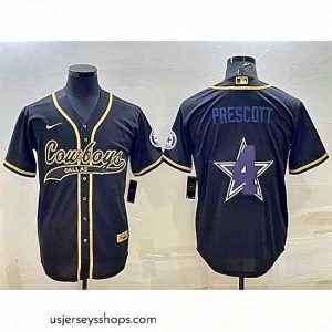 Sensational Dallas Cowboys 4 Dak Prescott Black Gold Team Big Logo With Patch Cool Base Stitched Baseball Jersey