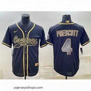 Stellar Dallas Cowboys 4 Dak Prescott Black Gold With Patch Cool Base Stitched Baseball Jersey