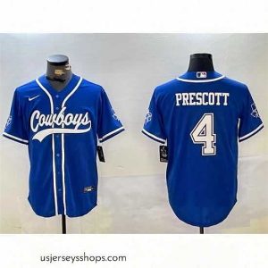 Stellar Dallas Cowboys 4 Dak Prescott Royal With Patch Cool Base Stitched Baseball Jersey