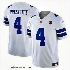 Stunning Dallas Cowboys 4 Dak Prescott White 2023 F.U.S.E  With John Madden Patch Vapor Limited Stitched Football Jersey