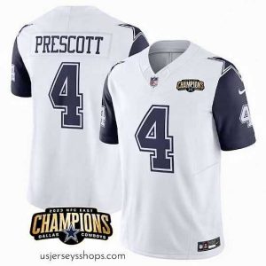 Glamorous Dallas Cowboys 4 Dak Prescott White Navy 2023 F.U.S.E  NFC East Champions Patch Stitched Football Jersey