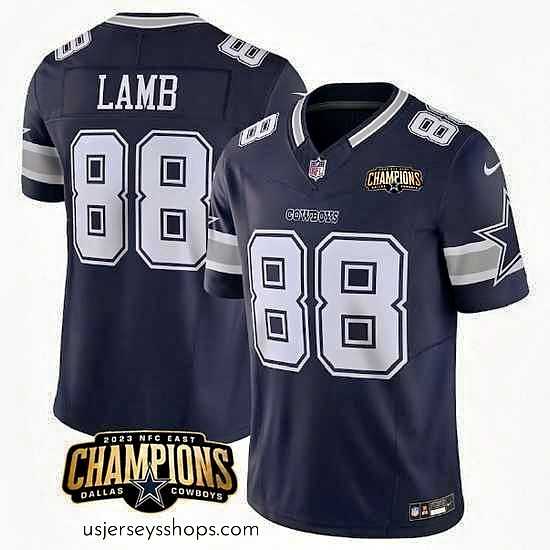 Stunning Dallas Cowboys 88 CeeDee Lamb Navy 2023 F.U.S.E NFC East Champions Patch Stitched Football Jersey