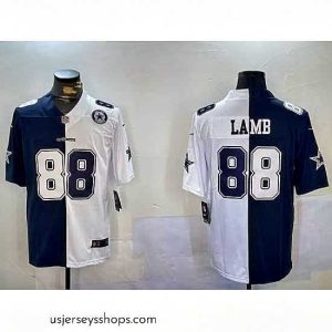 Stunning Dallas Cowboys 88 CeeDee Lamb Navy And White Split Stitched Jersey 1