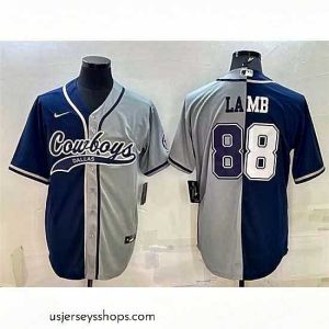 Magnificent Dallas Cowboys 88 CeeDee Lamb Navy Grey Split With Patch Cool Base Stitched Baseball Jersey