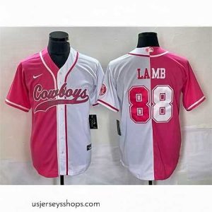 Captivating Dallas Cowboys 88 CeeDee Lamb Pink White Split Cool Base Stitched Baseball Jersey