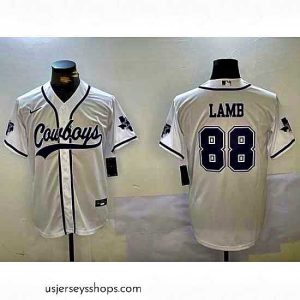 Stellar Dallas Cowboys 88 CeeDee Lamb White With Patch Cool Base Stitched Baseball Jersey 2