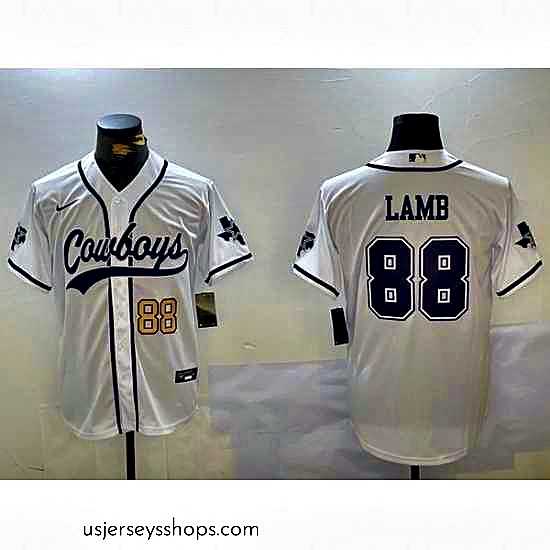 Enchanting Dallas Cowboys 88 CeeDee Lamb White With Patch Cool Base Stitched Baseball Jersey 6