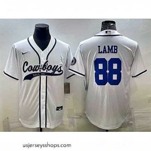 Stellar Dallas Cowboys 88 CeeDee Lamb White With Patch Cool Base Stitched Baseball Jersey