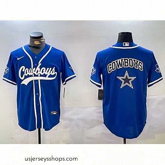 Stunning Dallas Cowboys Big Logo Royal With Patch Cool Base Stitched Baseball Jersey 7