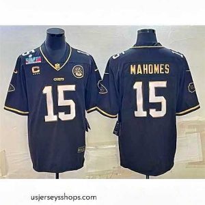 Stellar Kansas City Chiefs 15 Patrick Mahomes Black Gold Super Bowl LVII Patch And 4 Star C Patch Vapor Untouchable Limited Stitched Jersey