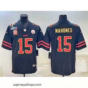 Glamorous Kansas City Chiefs 15 Patrick Mahomes Black Red Gold Super Bowl LVII Patch And 4 Star C Patch Vapor Untouchable Limited Stitched Jersey