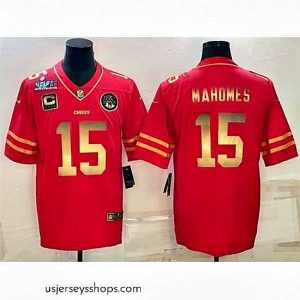 Magnificent Kansas City Chiefs 15 Patrick Mahomes Red Gold Super Bowl LVII Patch And 4 Star C Patch Vapor Untouchable Limited Stitched Jersey