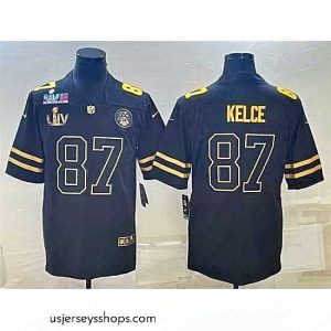 Captivating Kansas City Chiefs 87 Travis Kelce Black Golden Super Bowl LV And Super Bowl LVII Patch Vapor Limited Stitched Jersey
