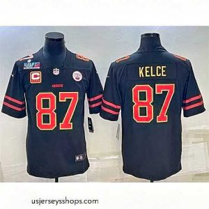 Alluring Kansas City Chiefs 87 Travis Kelce Black Red Gold Super Bowl LVII Patch And 4 Star C Patch Vapor Untouchable Limited Stitched Jersey