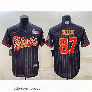 Stunning Kansas City Chiefs 87 Travis Kelce Black With Super Bowl LVII Patch Cool Base Stitched Baseball Jersey