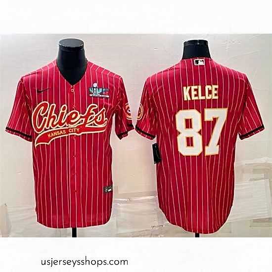 Breathtaking Kansas City Chiefs 87 Travis Kelce Red With Super Bowl LVII Patch Cool Base Stitched Baseball Jersey