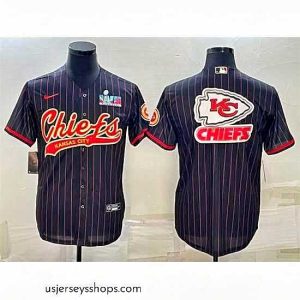 Captivating Kansas City Chiefs Black Team Big Logo With Super Bowl LVII Patch Cool Base Stitched Baseball Jersey