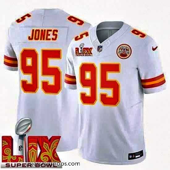 Sensational Kansas City Chiefs Chris Jones #95 White 2024 2025 Super Bowl LIX F.U.S.E Stitched Jersey