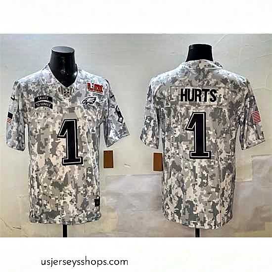 Stellar Philadelphia Eagles 1 Jalen Hurts Arctic Camo 2025 Super Bowl LIX Patch F.U.S.E Salute To Service Limited Stitched Football Jersey