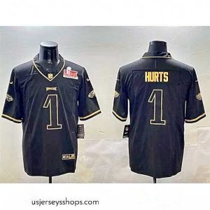 Exquisite Philadelphia Eagles 1 Jalen Hurts Black Gold 2025 Super Bowl LIX Patch Salute To Service Vapor Untouchable Limited Stitched Football Jersey