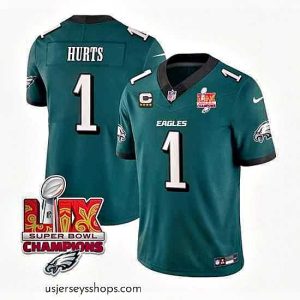 Captivating Philadelphia Eagles 1 Jalen Hurts Green 2025 Eagles Logo Super Bowl LIX Patch With 4 Star C Patch New F.U.S.E  Vapor Untouchable Limited Stitched Footb