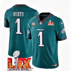 Exquisite Philadelphia Eagles 1 Jalen Hurts Green 2025 Super Bowl LIX Patch With 3 Star C Patch New F.U.S.E  Vapor Untouchable Limited Stitched Football Jersey
