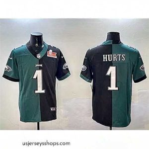 Sensational Philadelphia Eagles 1 Jalen Hurts Green  26 Black Split 2025 Super Bowl LIX Patch Vapor Untouchable Limited Stitched Football Jersey