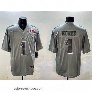 Breathtaking Philadelphia Eagles 1 Jalen Hurts Grey 2025 Super Bowl LIX Patch Atmosphere Fashion Vapor Untouchable Limited Stitched Football Jersey