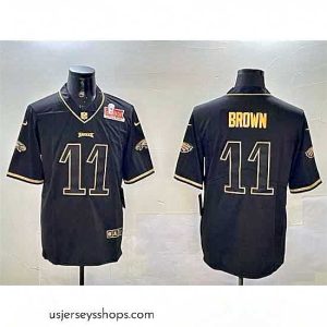 Stunning Philadelphia Eagles 11 A  J  Brown Black Gold 2025 Super Bowl LIX Patch Salute To Service Vapor Untouchable Limited Stitched Football Jersey
