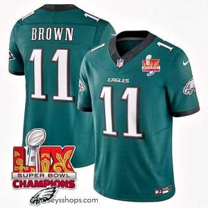 Stunning Philadelphia Eagles 11 A J  Brown Green 2025 Eagles Logo Super Bowl LIX Patch New F.U.S.E  Vapor Untouchable Limited Stitched Football Jersey