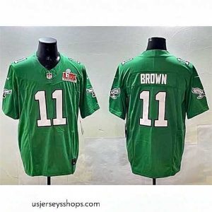 Stunning Philadelphia Eagles 11 A J  Brown Green 2025 Super Bowl LIX Patch F.U.S.E  Throwback Vapor Untouchable Limited Stitched Football Jersey