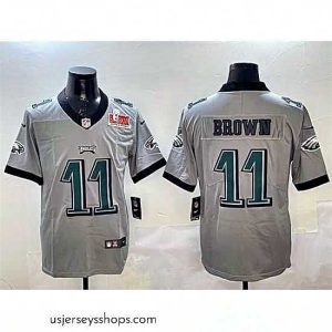 Stellar Philadelphia Eagles 11 A  J  Brown Grey 2025 Super Bowl LIX Patch Vapor Untouchable Limited Stitched Football Jersey