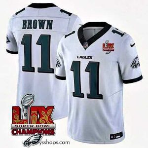 Enchanting Philadelphia Eagles 11 A J  Brown White 2025 Eagles Logo Super Bowl LIX Patch New F.U.S.E  Vapor Untouchable Limited Stitched Football Jersey