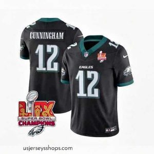 Exquisite Philadelphia Eagles 12 Randall Cunningham Black 2025 Eagles Logo Super Bowl LIX Patch New F.U.S.E  Vapor Limited Stitched Football Jersey